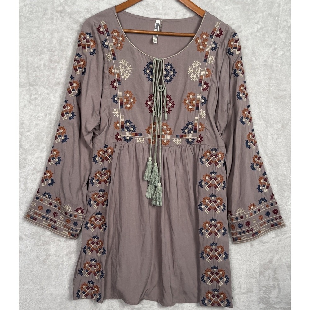 Womens Boho Embroidered Tunic Top Dress Small Gray Monoreno Long Sleeve Festival - Picture 11 of 11